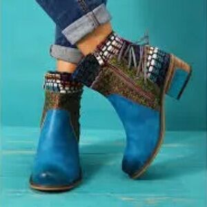 Socofy Women's Splicing Bohemia Leather Knit Block Heel Ankle Boots Blue US 6.5